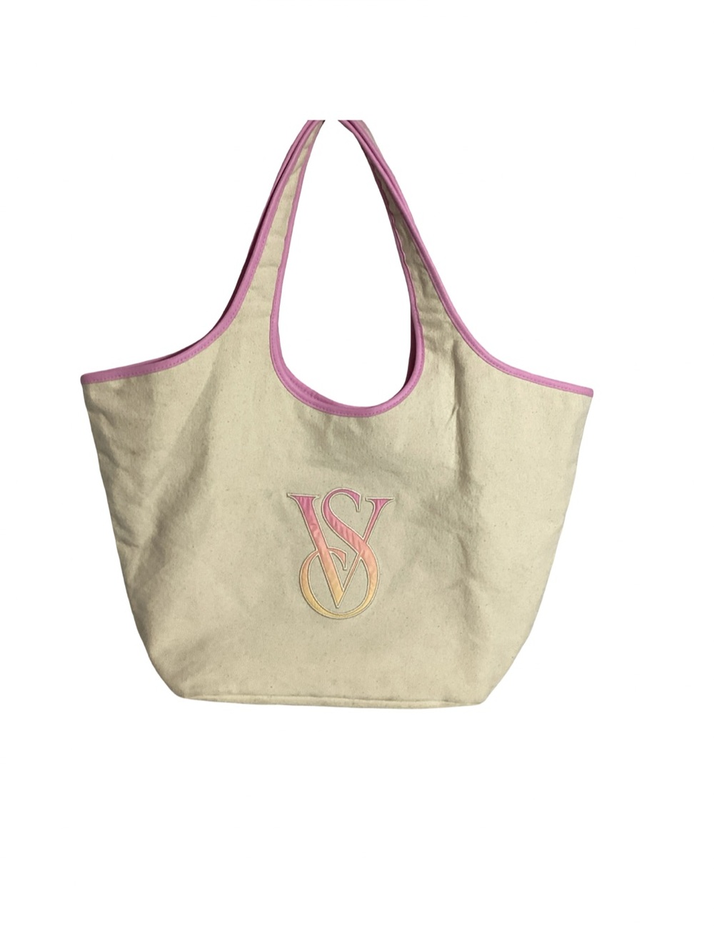 Victoria’s Secret Raw Ivory Canvas Embroidered Logo Accent Pink Trim Tote Bag